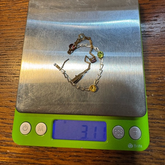 14KT Yellow Gold Triangle Link Chain Multicolor Gemstone Bracelet - Picture 6 of 8